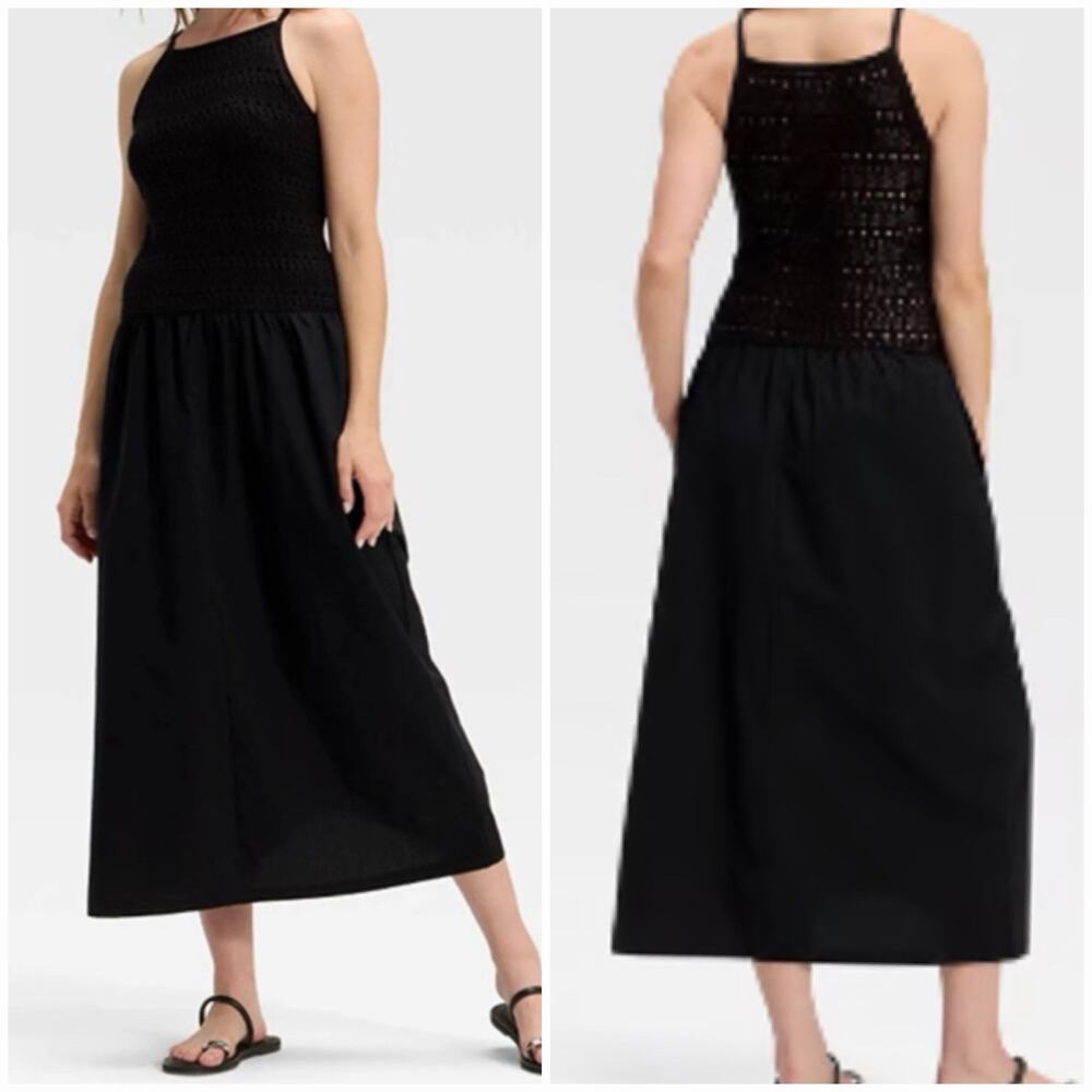 Universal Thread Black Crochet Knit Midi Dress Sleeveless Boho Coastal NWT XS